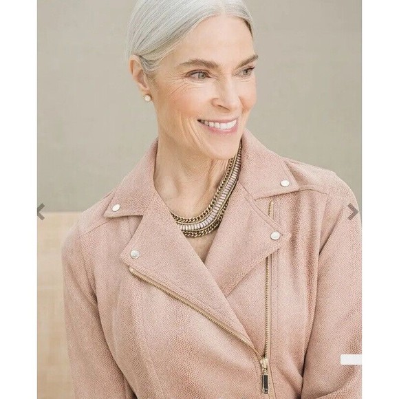 Chico’s NWT Faux Suede Elongated Moto Zippered Pink Jacket Size 1 Or Med Womens - Picture 3 of 16